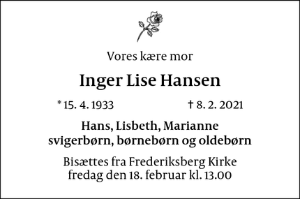 Dødsannoncen for Inger Lise Hansen - København V