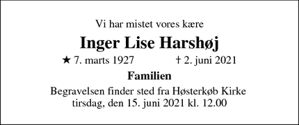 Dødsannoncen for Inger Lise Harshøj - Bistrup