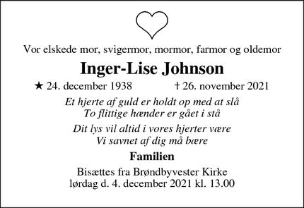 Dødsannoncen for Inger-Lise Johnson - Brøndby