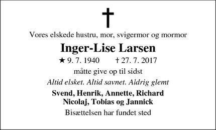 Dødsannoncen for Inger-Lise Larsen - Hvidovre