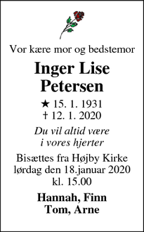 Dødsannoncen for Inger Lise Petersen - Højby Fyn. Odense S.