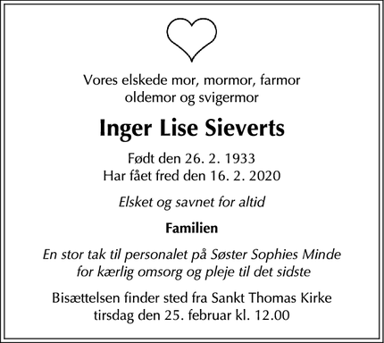 Dødsannoncen for Inger Lise Sieverts - Frederiksberg