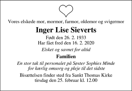 Dødsannoncen for Inger Lise Sieverts - Frederiksberg