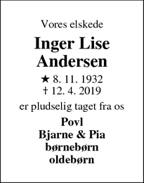 Dødsannoncen for Inger Lise
Andersen - Farum