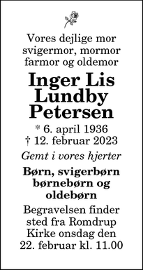 Dødsannoncen for Inger Lis
Lundby
Petersen - Arden