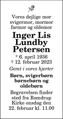 Dødsannoncen for Inger Lis
Lundby
Petersen - Arden