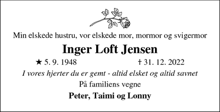 Dødsannoncen for Inger Loft Jensen - Odder - født i Skanderborg