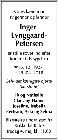 Dødsannoncen for Inger 
Lynggaard-Petersen - Hørsholm
