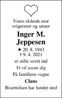 Dødsannoncen for Inger M. Jeppesen - Ringsted
