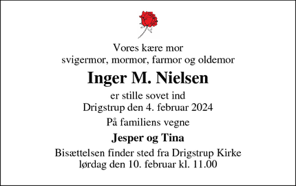 Dødsannoncen for Inger M. Nielsen - Kerteminde