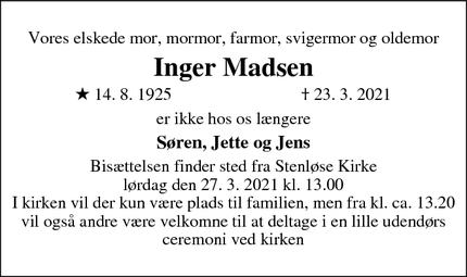 Dødsannoncen for Inger Madsen - 3060 Espergærde