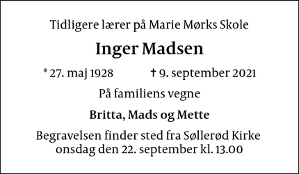 Dødsannoncen for Inger Madsen - Birkerød