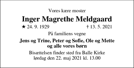 Dødsannoncen for Inger Magrethe Meldgaard - Aarhus N
