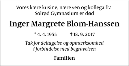 Taksigelsen for Inger Margrete Blom-Hanssen - Nærum