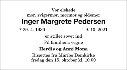 Dødsannoncen for Inger Margrete Pedersen - Maribo