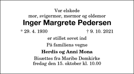 Dødsannoncen for Inger Margrete Pedersen - Maribo