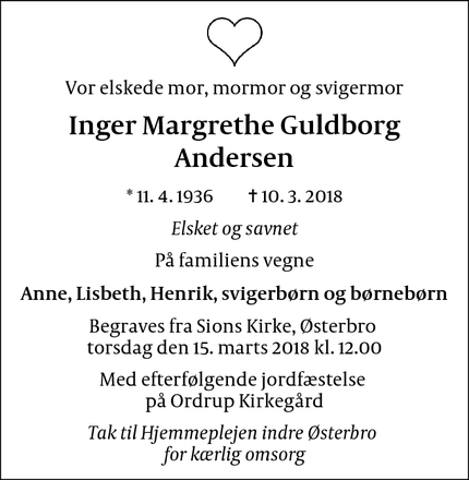 Dødsannoncen for Inger Margrethe Guldborg Andersen - København