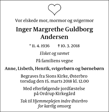 Dødsannoncen for Inger Margrethe Guldborg Andersen - København