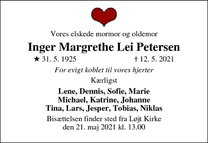 Dødsannoncen for Inger Margrethe Lei Petersen - Løjt Kirkeby