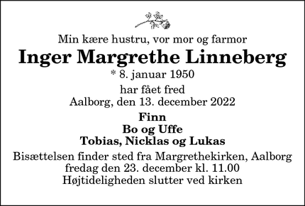 Dødsannoncen for Inger Margrethe Linneberg - Aalborg