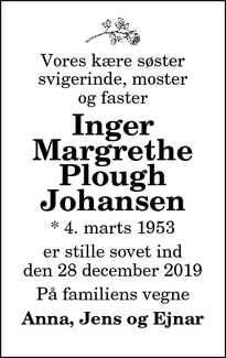 Dødsannoncen for Inger Margrethe Plough Johansen - Aalborg Øst