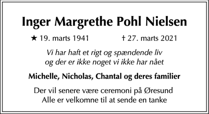 Dødsannoncen for Inger Margrethe Pohl Nielsen - Hellerup