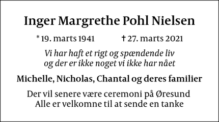 Dødsannoncen for Inger Margrethe Pohl Nielsen - Hellerup