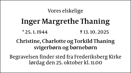 Dødsannoncen for Inger Margrethe Thaning - Frederiksberg C