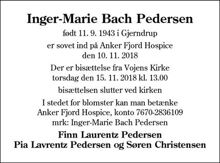 Dødsannoncen for Inger-Marie Bach Pedersen - Vojens