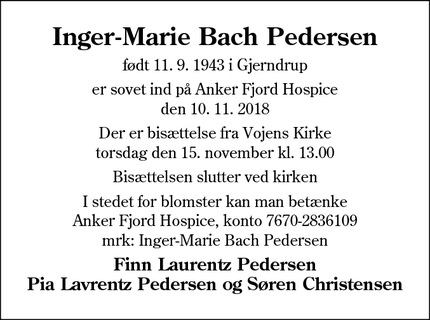 Dødsannoncen for Inger-Marie Bach Pedersen - Vojens