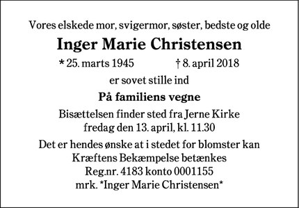 Dødsannoncen for Inger Marie Christensen - Esbjerg