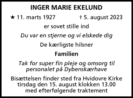 Dødsannoncen for Inger Marie Ekelund - Hvidovre