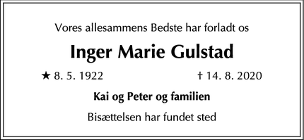 Dødsannoncen for Inger Marie Gulstad - Dragør