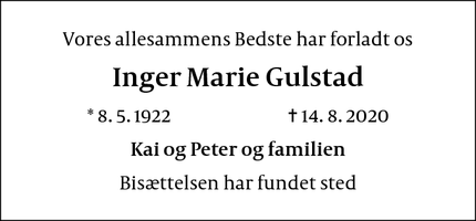 Dødsannoncen for Inger Marie Gulstad - Dragør