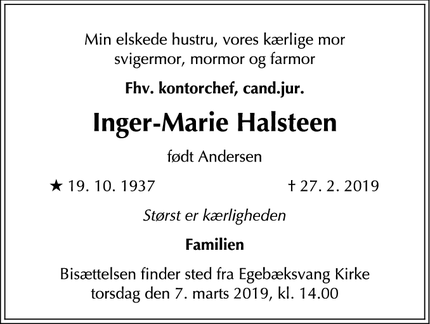 Dødsannoncen for Inger-Marie Halsteen - Helsingør
