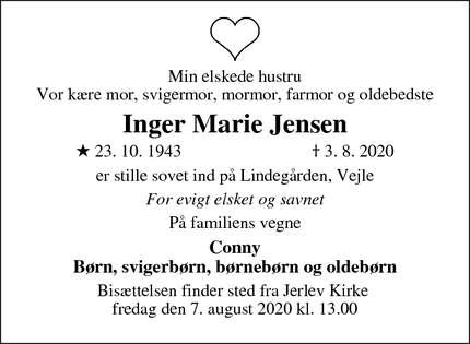 Dødsannoncen for Inger Marie Jensen - Jerlev