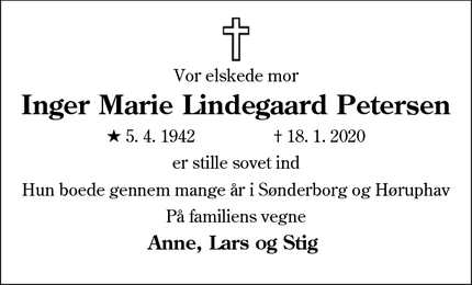 Dødsannoncen for Inger Marie Lindegaard Petersen - Høruphav