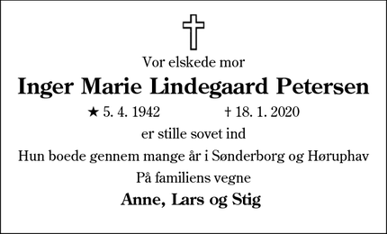 Dødsannoncen for Inger Marie Lindegaard Petersen - Høruphav