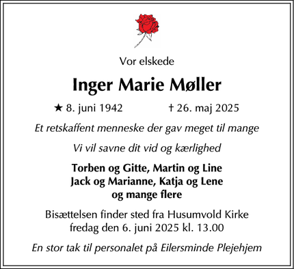Dødsannoncen for Inger Marie Møller - Brønshøj