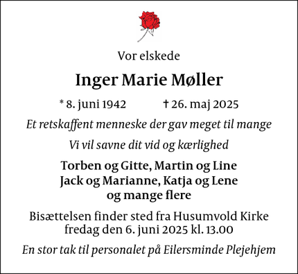 Dødsannoncen for Inger Marie Møller - Brønshøj