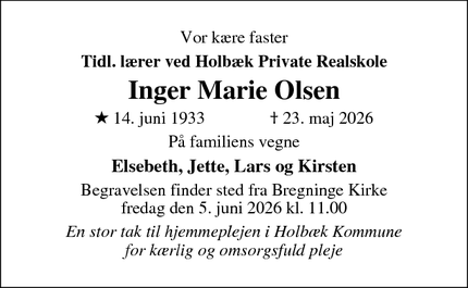 Dødsannoncen for Inger Marie Olsen - Hillerød