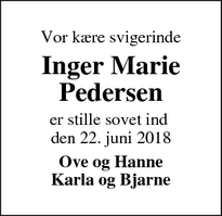 Dødsannoncen for Inger Marie Pedersen - Tarm