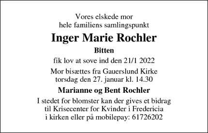 Dødsannoncen for Inger Marie Rochler - Brejning. 7080 Børkop