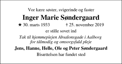 Dødsannoncen for Inger Marie Søndergaard - Tørring