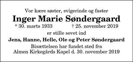 Dødsannoncen for Inger Marie Søndergaard - Tørring