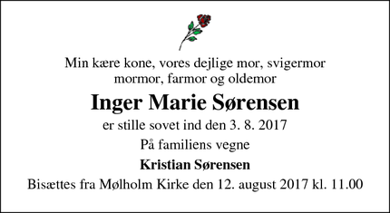 Dødsannoncen for Inger Marie Sørensen - Vejle
