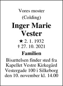 Dødsannoncen for Inger Marie Vester - Roskilde