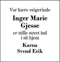 Dødsannoncen for Inger Marie
Gjesse - Ikast