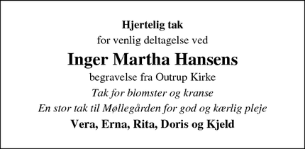 Taksigelsen for Inger Martha Hansen - Outrup