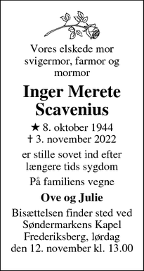 Dødsannoncen for Inger Merete
Scavenius - Klippinge